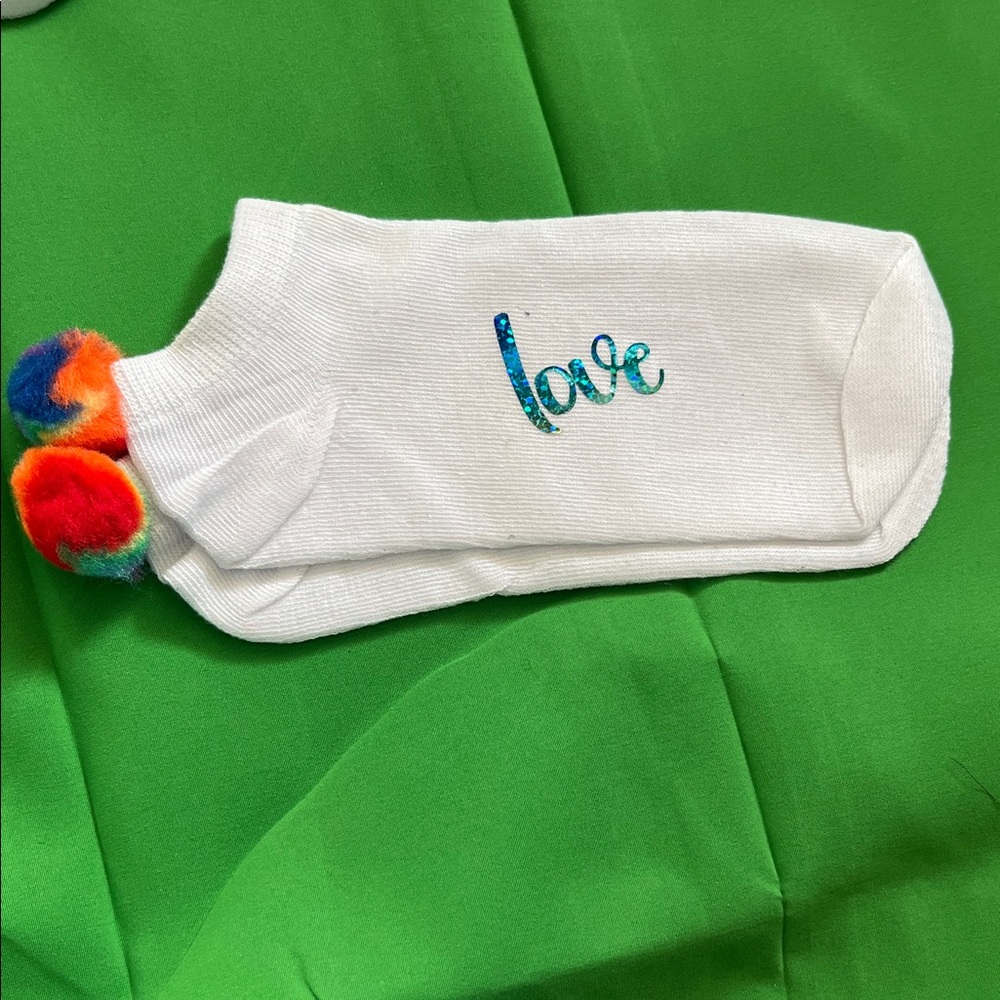 White Custom Ankle Socks With Colorful Pom Poms